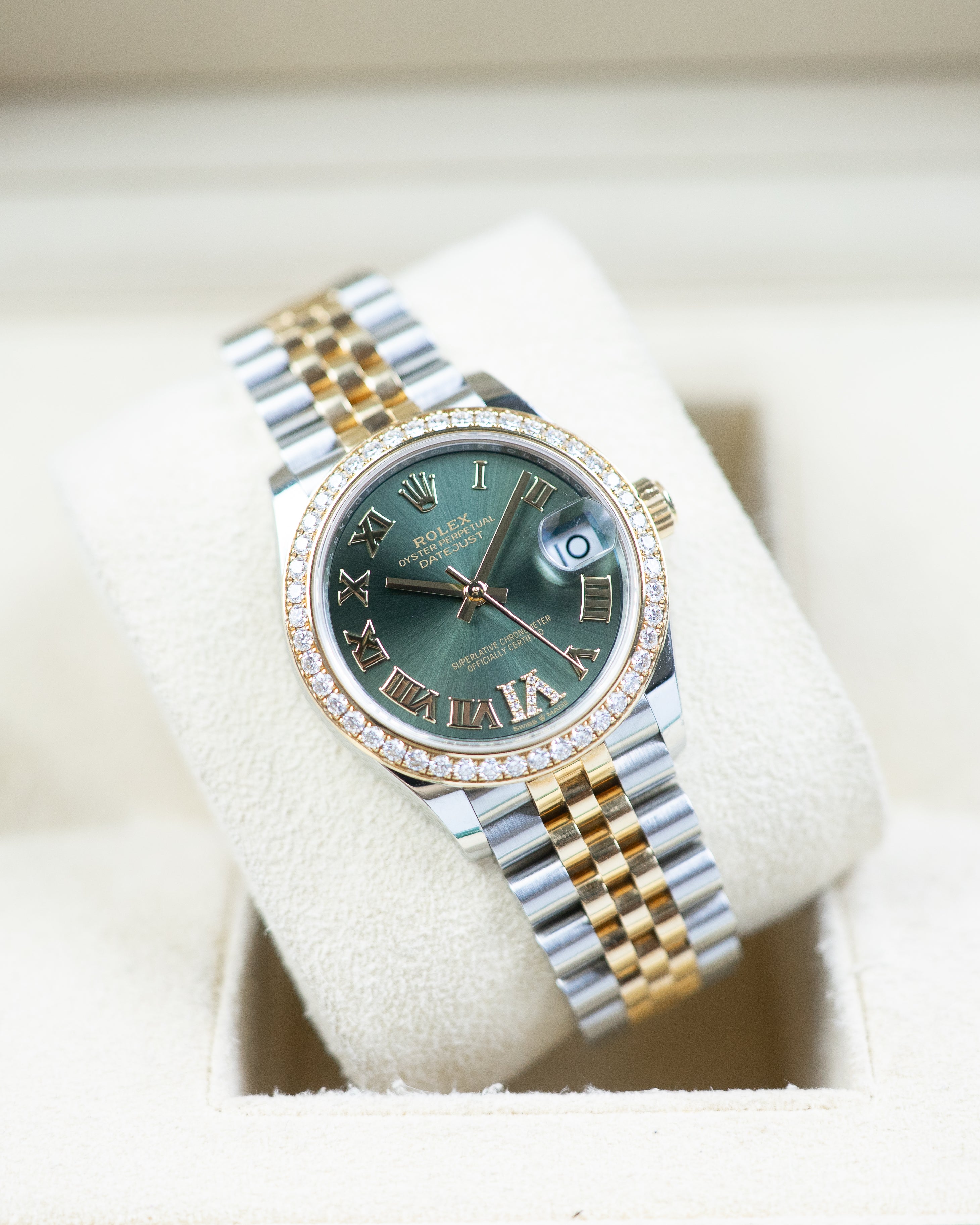 Rolex Ladies Datejust RBR Two Tone Olive Roman VI Diamond Dial